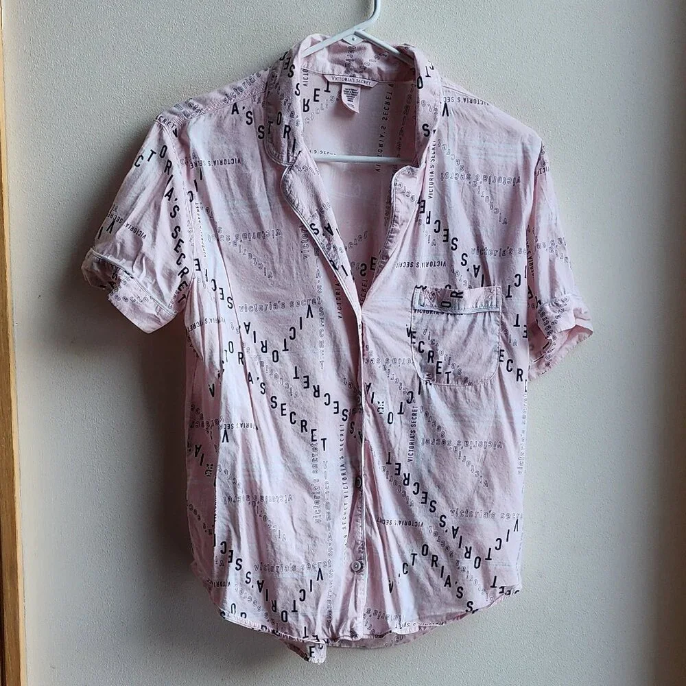 Victoria's Secret Pink/Black Cotton Blend Button Down Pajama Shirt Size Small